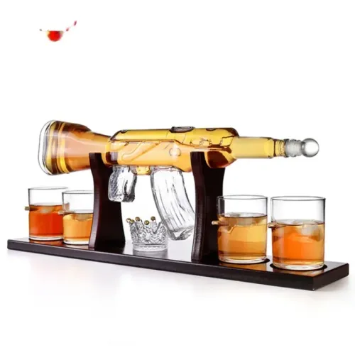 Handblown Borosilicate Gun Shaped Glass Whiskey Decanter Set with Wooden Tray