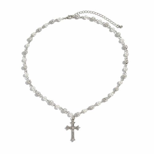 Silver-tone pearl and rhinestone cross pendant necklace (unisex)