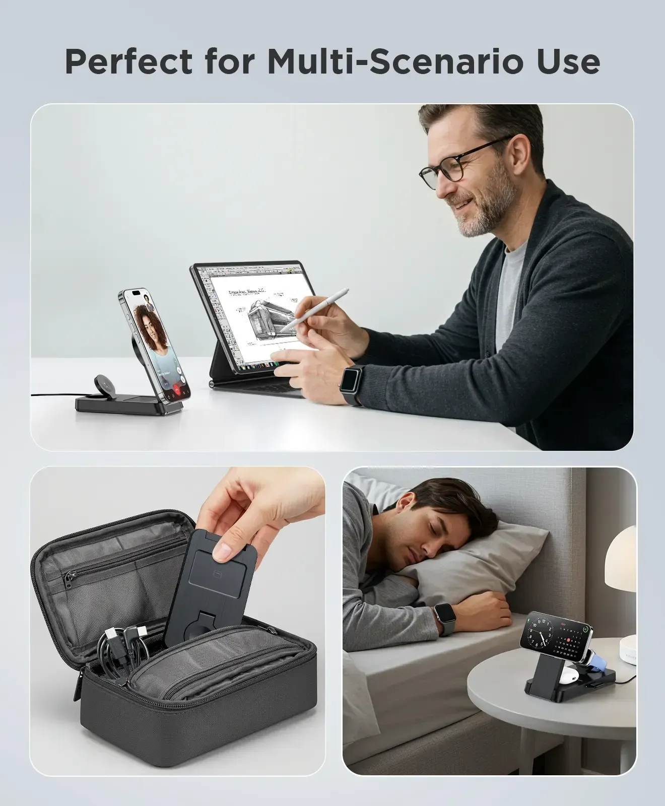3-in-1 Foldable Magnetic Wireless Charger for iPhone, Apple Watch & AirPods—Home, Office & Travel Ready