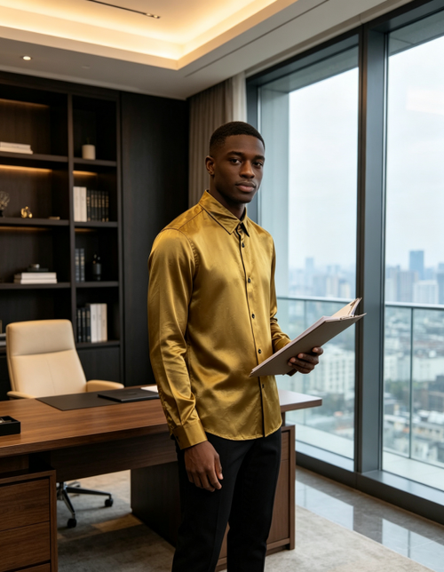 Sophisticated Golden Satin Textured Long Sleeve Shirt