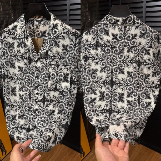 Men's Black and White Floral Print Camp-Collar Shirt