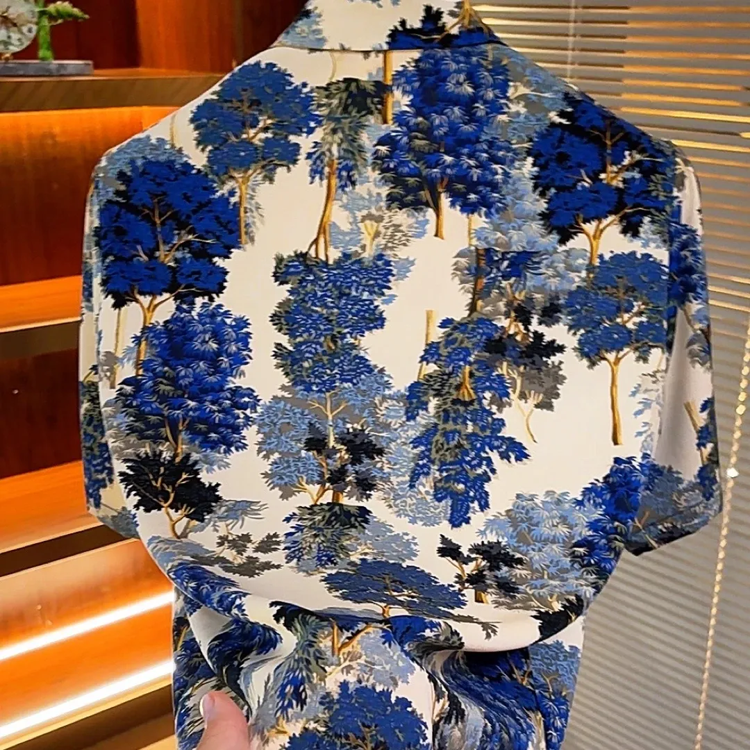 White and blue 3D-print Ice silk shirt