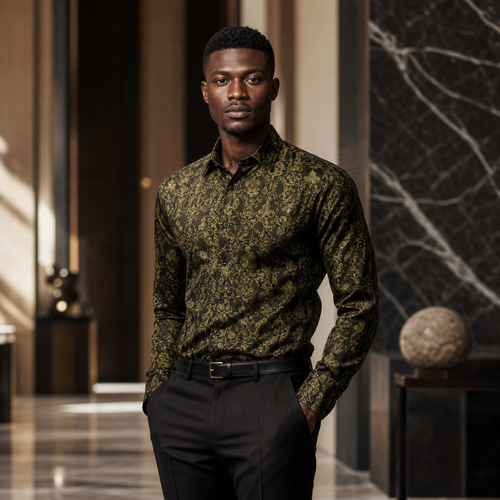 Long-sleeve shirt with gold-thread gourd print