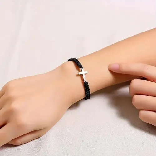 Simple Cross Black White Braided Rope Couple Bracelets Silver Color Adjustable Bracelet Christian Jewelry