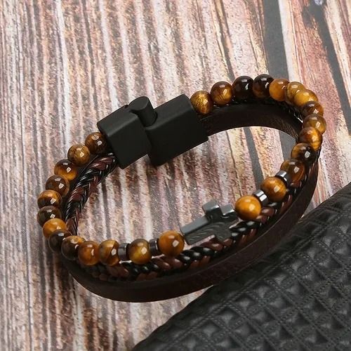 Natural volcanic stone elements, simple cross multi-layer bracelet