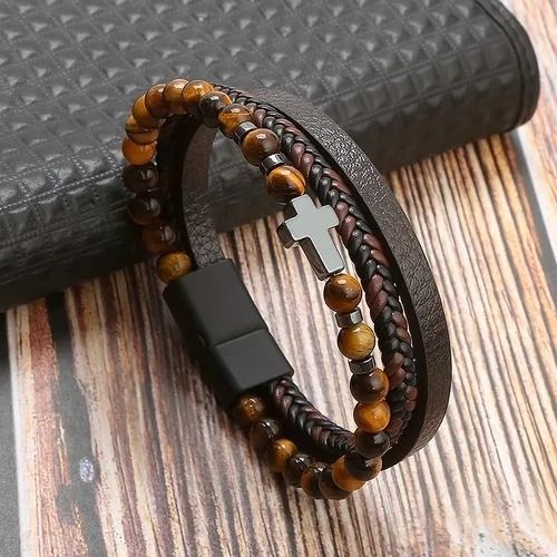 Natural volcanic stone elements, simple cross multi-layer bracelet