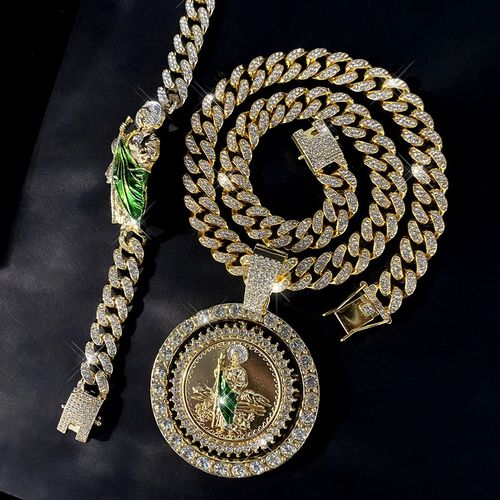 Bestseller Iced Rotatable San Judas Pendant Cuban Chain Necklace & Bracelet for Men Women