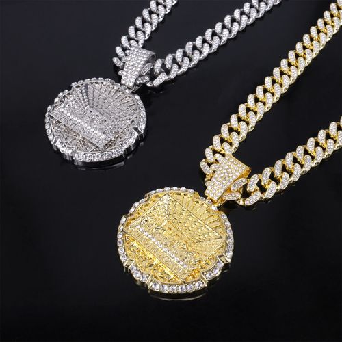 New Hip-hop Men's Necklace, Large Round Dinner Pendant, Alloy Full Diamond Cuban Chain