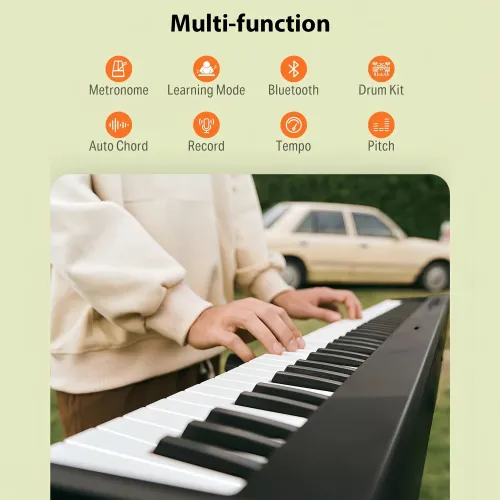 Foldable piano touch sensitive 200 tone BT MIDI USB rechargeable travel home practice creation