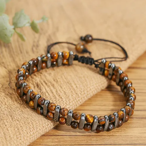 Hand Woven Double Row Natural Tiger's Eye Hematite Bracelet Punk Style Beaded Bracelet Unisex Hand Jewelry