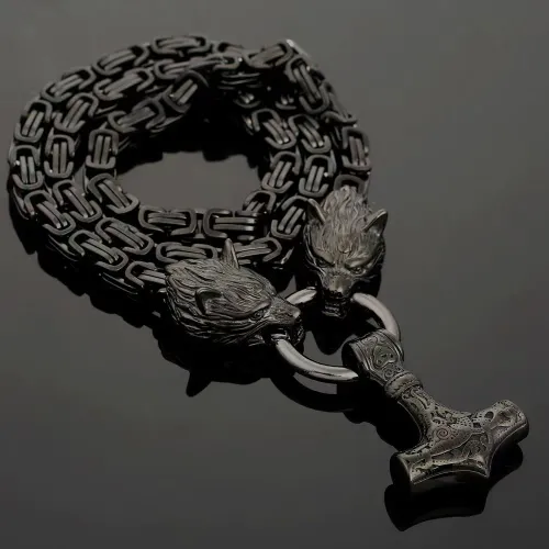 Black Stainless Steel Nordic Mythology Viking Wolf Head Thor Hammer Pendant Necklace Men's Jewelry Fashion Retro Animal Element