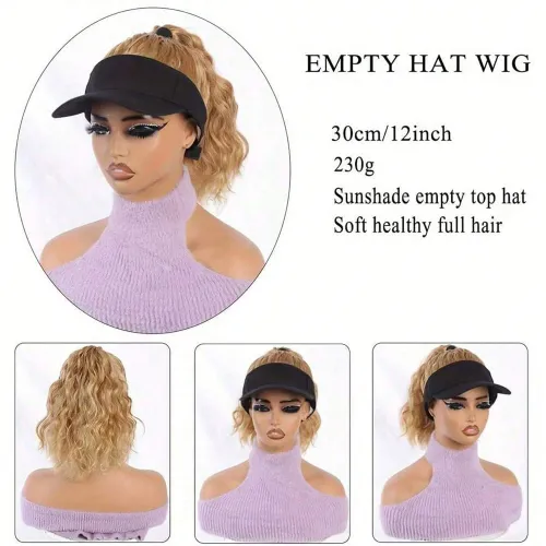 Synthetic 12inch Women's hat Water ripple wig hat with ponytail wig Hat with wig Lady's adjustable black baseball cap wig