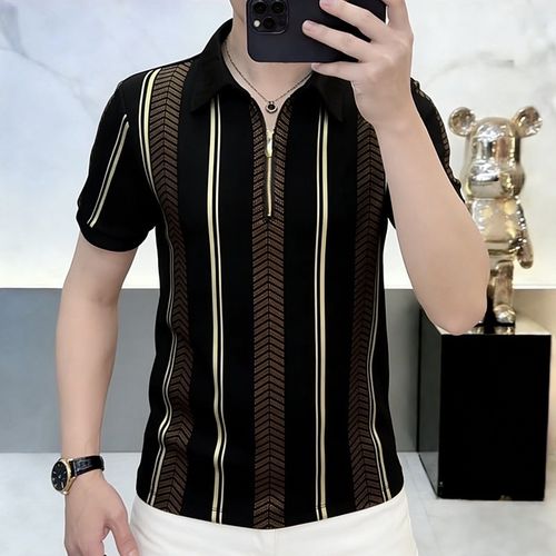 New Men's Black and Gold Striped Short-Sleeve Polo Shirt
