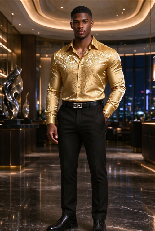 Men Elegant Gold Paisley Satin Shirt