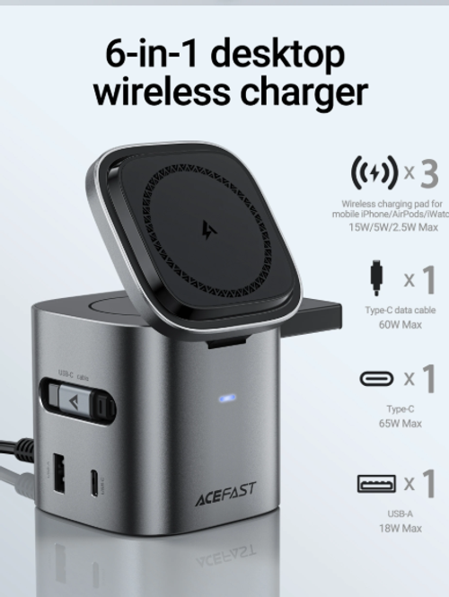 ACEFAST 6 in 1 Multifunction 15W Magnetic Wireless Charging Station For iPhone 16 15 GaN PD65W Charging Cube USB C Fast Charging