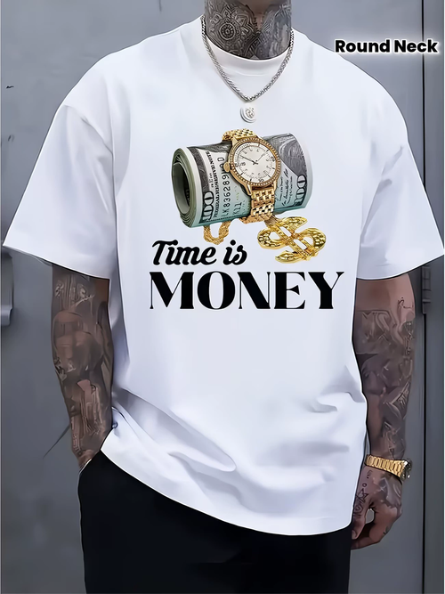 Men Oversized Graphic T-Shirt, Time Is Money Dollar Watch Print Casual Short Sleeve Tee, Fashion Streetwear Tops for Men