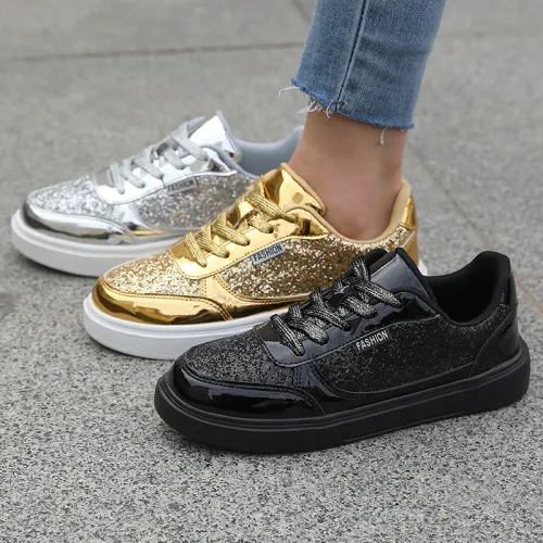 Fashionable Casual Sports Shoes Walking Gold Flat Vulcanized Shoes Lace up anti slip training sports shoes