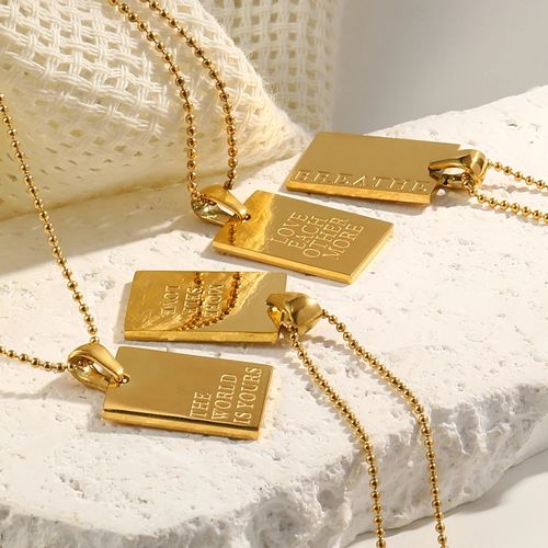E.B.belle Stylish Hip Hop Personal Engraved Letter Square Pendant Necklace Beads Chain Stainless Steel Gold Color Necklace