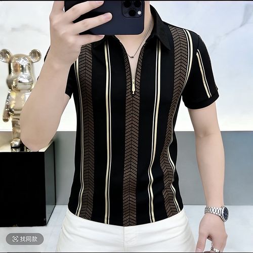 New Men's Black and Gold Striped Short-Sleeve Polo Shirt
