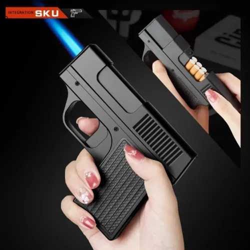 （Gas not included）Creative Pistol Lighter Cigarette Box 10PCS Jet Butane Gas Torch Lighter Welding Gun Windproof Cigar Lighter Unusual Men Gift