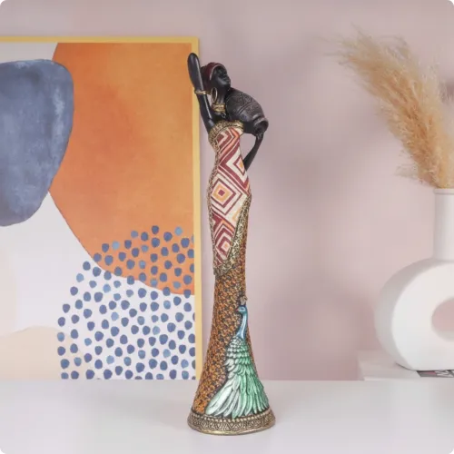 African Woman Statue Tabletop African Woman Figurine Figurine with Peacock Motif Artisanal Female Statue Artistic