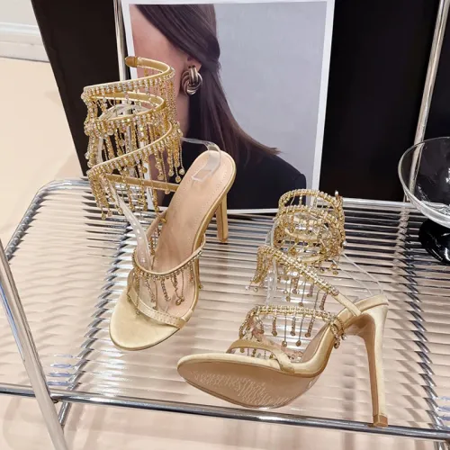 Elegant Women Wedding Banquet Shoes Fashion Crystal Tassel Twining Stiletto Sandals Sexy Open Toe Stripper Heels Golden