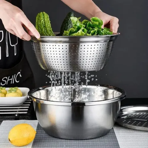 3pcs Kitchen Kit with Stainless Steel Multifunctional Mixing Bowl Vegetable Slicer - Suitable for Cleaning and Slicing Fruits