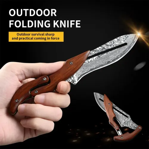 1PC Outdoor Folding Knife Mechanical Design Fixed Blade Wooden Handle EDC Pocket Knife Fishing Knife Camping Mountaineering