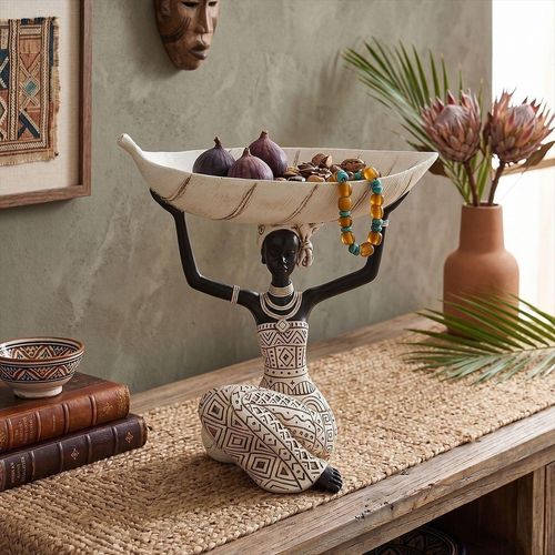 African Tribal Woman Resin Statue With Leaf Bowl Tray Black White Ethnic Figurine Decorative Storage Dish for Home Tabletop Deco