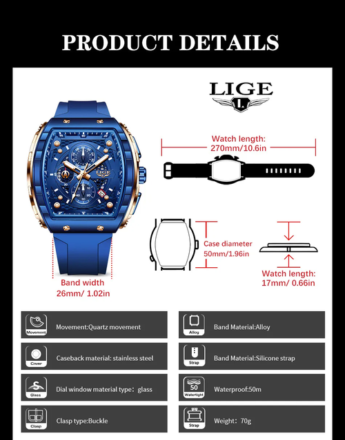 LIGE LG89148 Dropshipping China Male Quartz Watch Stylish Silicone Strap Chrono Calendar in Stock New Business Hand Watch