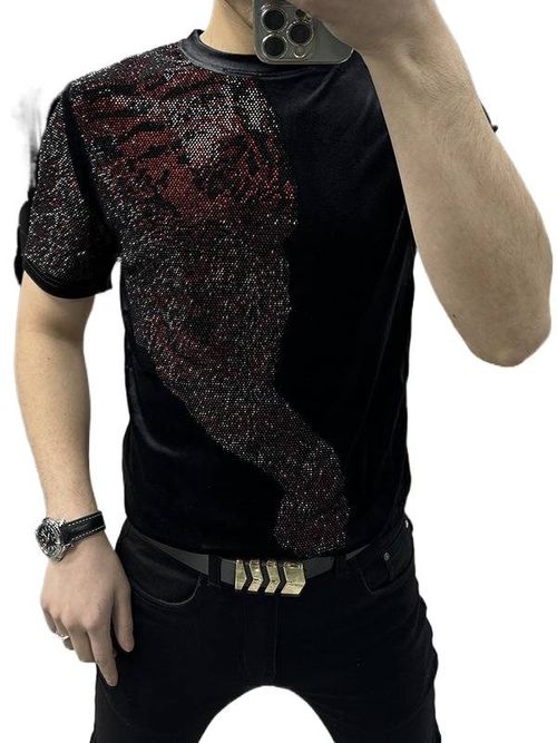 Men's Red Short-Sleeve Ice Silk Top Featuring a Descending Tiger Design