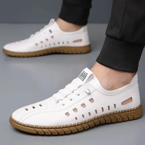 2026 Summer Men Casual Leather Shoes Breathable Hollow Out Slip On Loafers