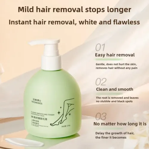 Delicate hair removal cream, mild and non-irritating, protects the skin, inhibits hair growth, and removes hair easily
