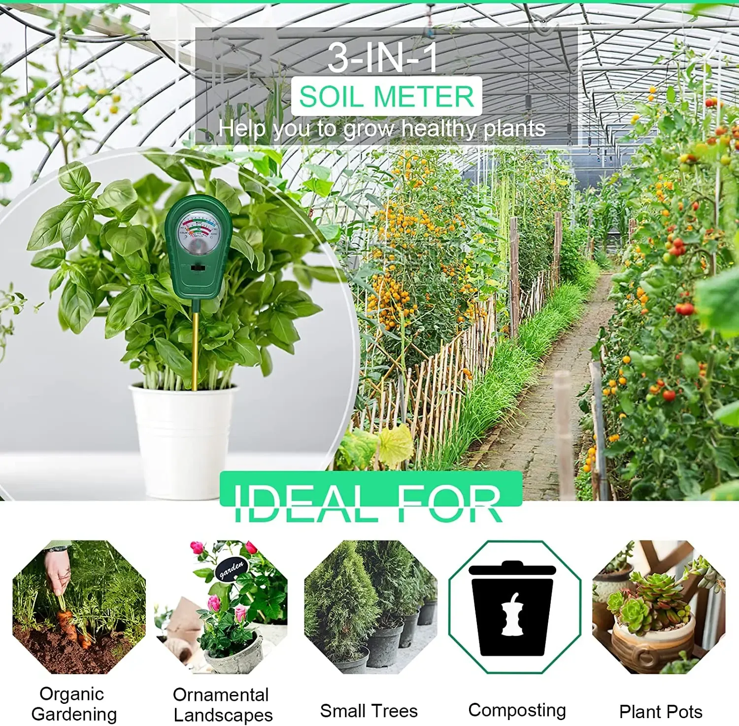 3-in-1 Soil Test Kit, Soil Moisture Meter Soil ph Meter Fertility Soil Tester, Soil Hygrometer for Garden, Farm House Plants