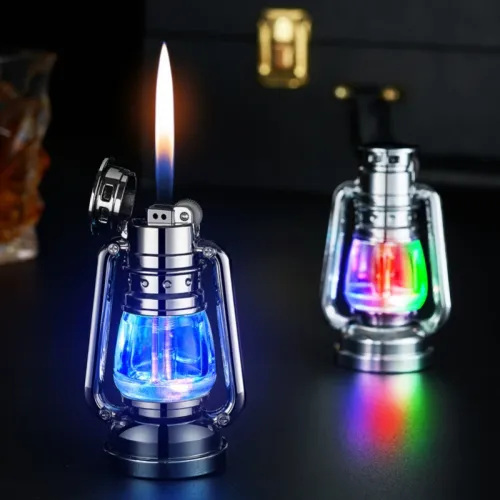 New Retro Colored Light Grinding Wheel Gas Lighter Creative Desktop Ornament Lighter with Visible Gas Compartment Unique Gift