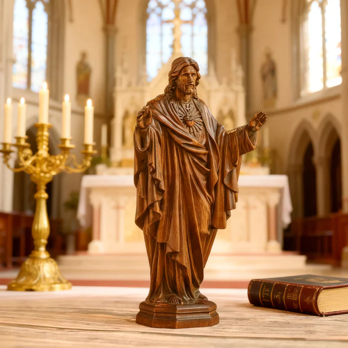 Hand Carved Sacred Heart of Jesus Virgin Mary Wooden Tabletop Ornament