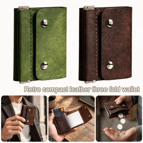 New Leather Compact Trifold Wallet Button Closure Vintage Tri-Fold Billfold Portable Leather Wallet