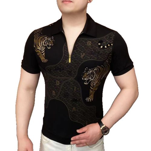 High Quality Tiger Rhinestone Polo Shirt Men's Ice Silk Breathable Short Sleeved Social Casual T-shirt Half Zipper Business Top