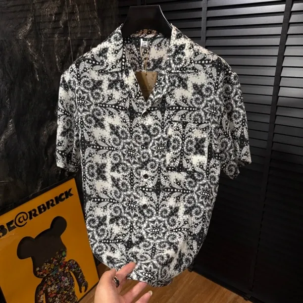 Men's Black and White Floral Print Camp-Collar Shirt