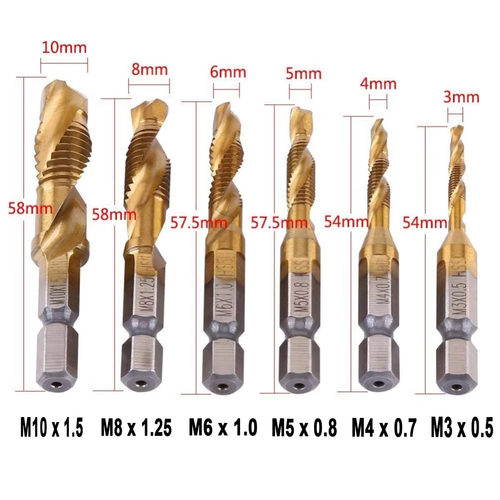 6Pcs Hex Shank Titanium Plated HSS Screw Thread Metric Tap Drill Bits Screw Machine Compound Tap M3 M4 M5 M6 M8 M10 Hand Tools