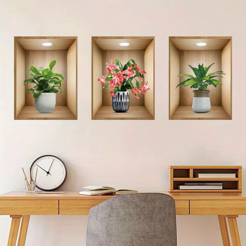 3pcs Watercolor Realistic Potted Flower Plant Wall Stickers Removable for Bedroom Living