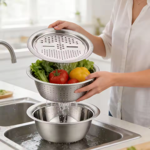All In 1 Multi-Functional Kitchen Draining Basket Set 3pcs Stainless Steel Filter Pot Vegetable Chopper Fruit Slicer Cutter