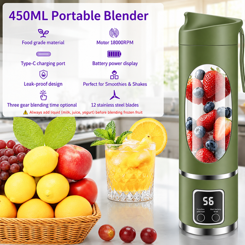 450ml Portable Juicer Blender Cup 12 Stainless Steel Blades 3 Speed Modes USB Charging Digital Screen Travel Smoothie Maker Rechargeable Mini Fruit Juice Mixer Easy To Clean For Sports Office Camping