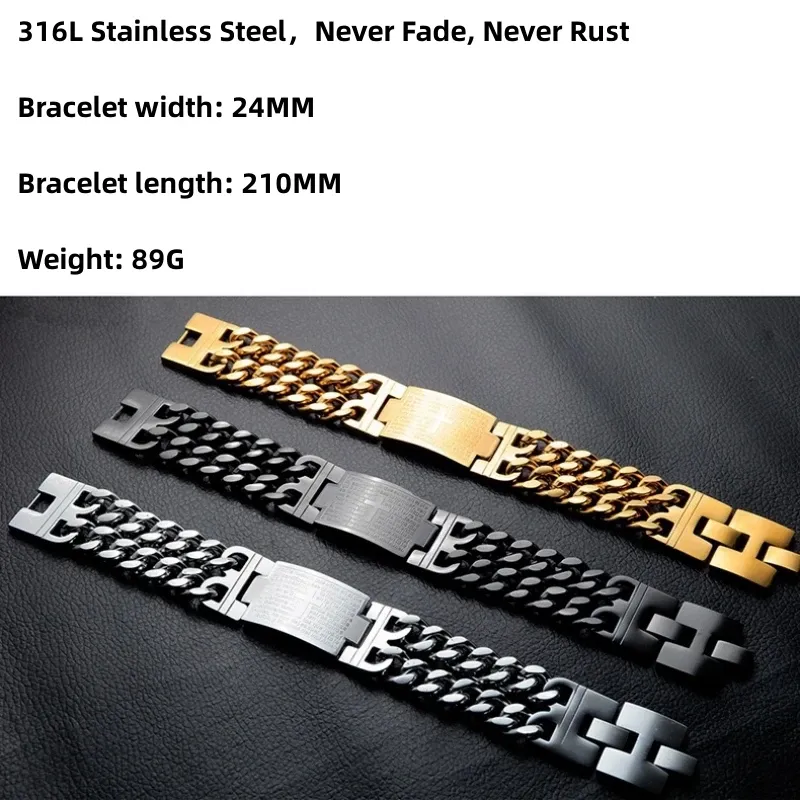 24MM Width 316L Stainless Steel Cuban Chain Cross Bracelet For Men Jewelry Male Hand Chain Wrap Bracelets Punk Accessory