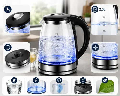 2.0L Glass Electric Kettle, BPA‑Free Borosilicate Glass Water Boiler with Blue LED Light, Auto Shut‑Off Boil Dry Protection Electric Water Heater for Home Kitchen