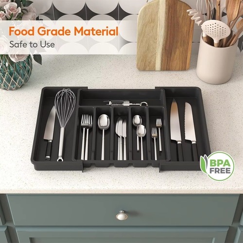 Multi Compartment Expandable Kitchen Drawer Organizer Plastic Cutlery Tray Silverware Utensil Storage Divider for Flatware