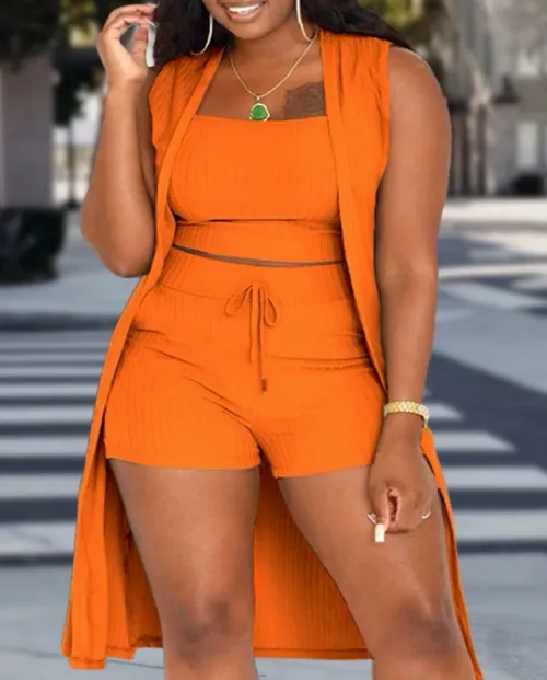 Women's Commuting Suits NEW 3PCS Ribbed Tank Top & Casual Vacation Drawstring Shorts Set with Vest Coat