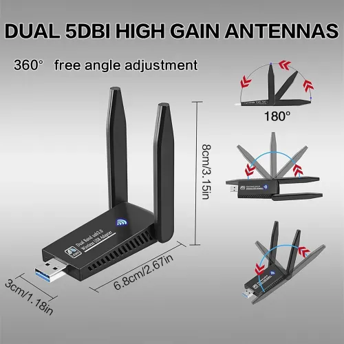 1300Mbps USB WiFi Adapter Dual Band 5GHz 2.4GHz Wireless Network Card Double High Gain Antenna USB3.0 WiFi Dongle Internet Receiver for PC Laptop Desktop Support Windows 11 10 8 7 Vista XP