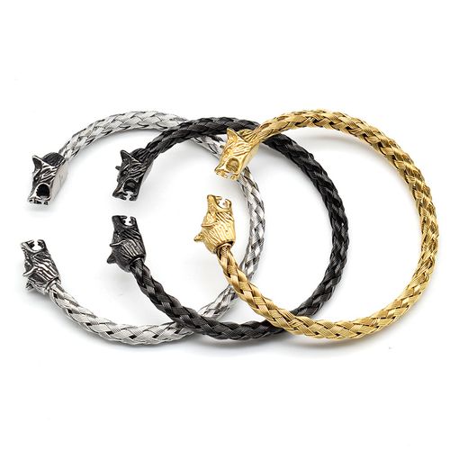 Stainless Steel Skull Open Men's Bracelet Wolf Head Woven Chain Charming Male Wrist Accessories Wholesale Birthday Gift