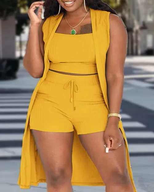 Women's Commuting Suits NEW 3PCS Ribbed Tank Top & Casual Vacation Drawstring Shorts Set with Vest Coat